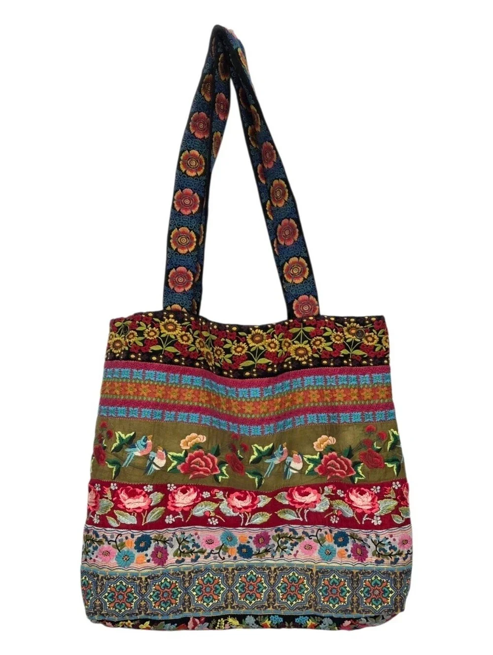 Johnny Was Embroidered Silk Floral Bird Tote Bag Purse